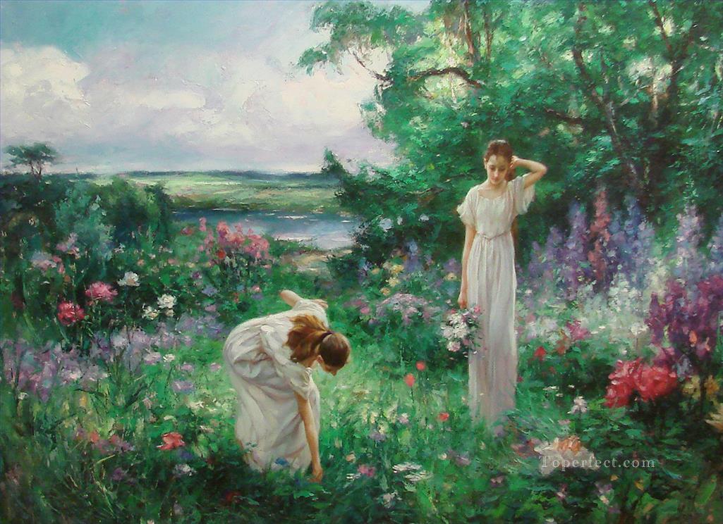 two girls picking flowers at garden Oil Paintings